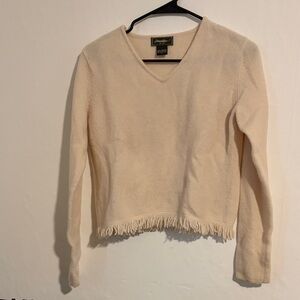 Vintage Eddie Bauer Cream V-Neck Wool Sweater with Fringe Hem
